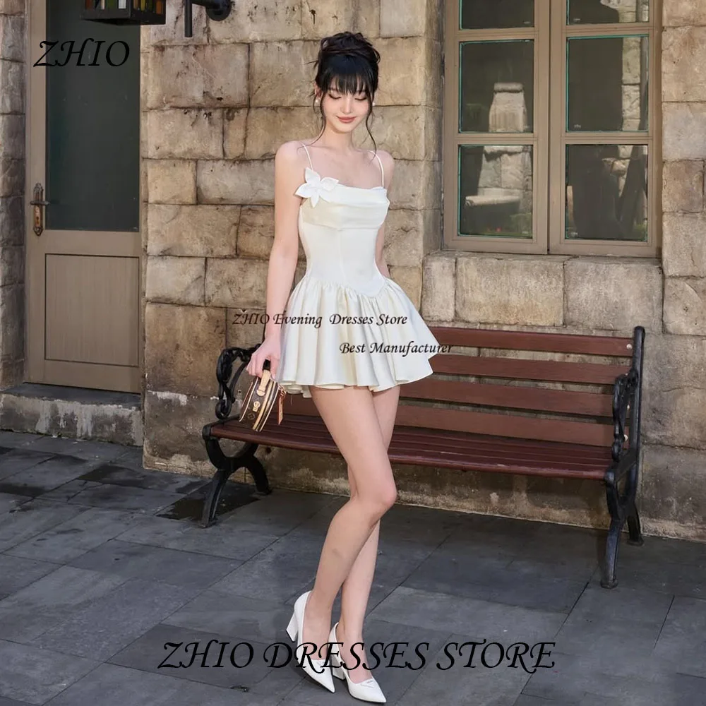 

ZHIO Mini Satin 3D Flower A Line Evening Gown Dress Spaghetti Straps Sweetheart Backless Short Cocktail Porm Dress Customized