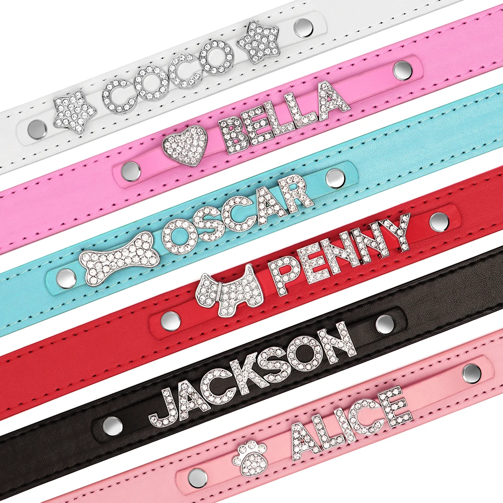 Collar de cuero personalizado para perro y cachorro, Correa con diamantes de imitación ostentosos, dijes de nombre gratis, Collar personalizado para