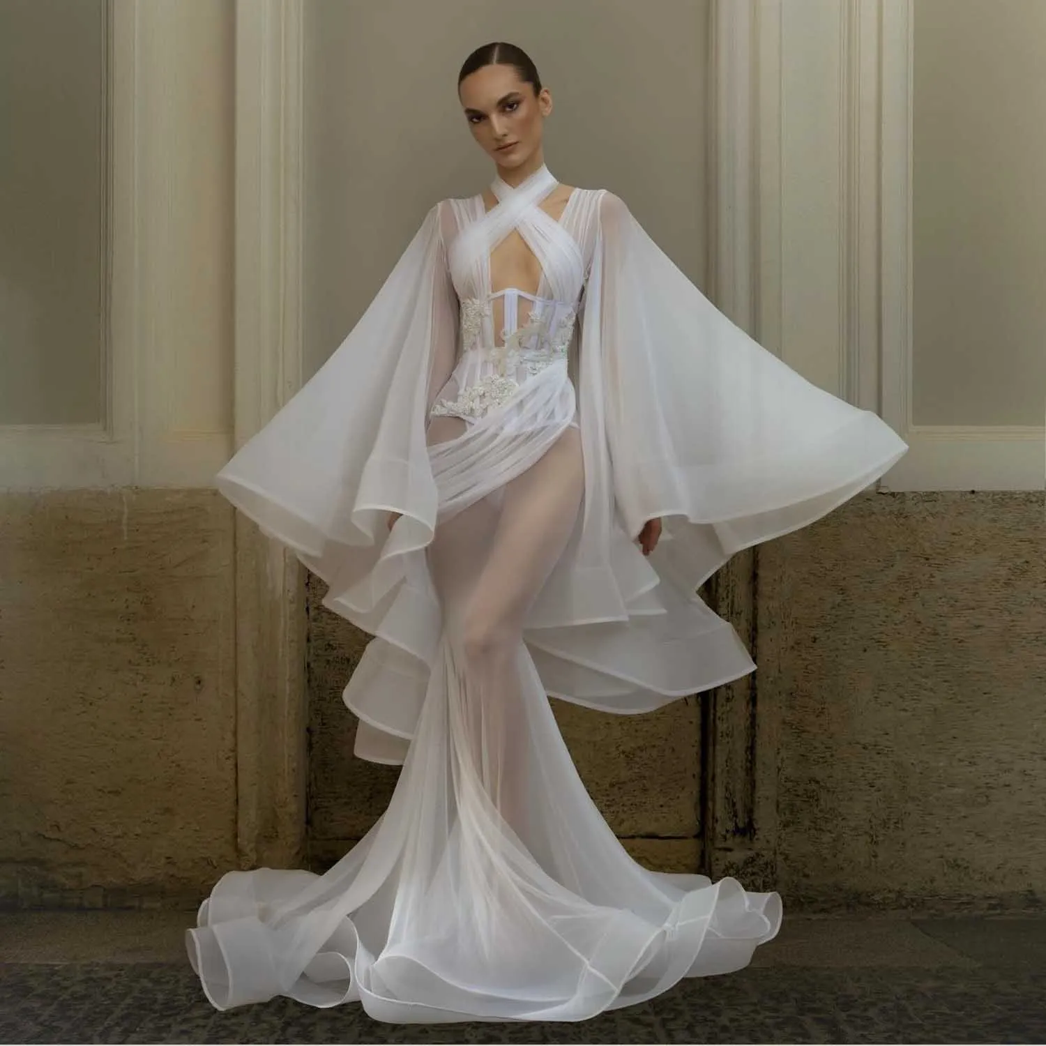 2026 Couture-Illusionskleid, weißes, bauschiges Organza-Kleid auf dem roten Teppich, Runway-Show-Kleid, Stretch-Tüll, Abendparty-Kleider, Robes de Soirée