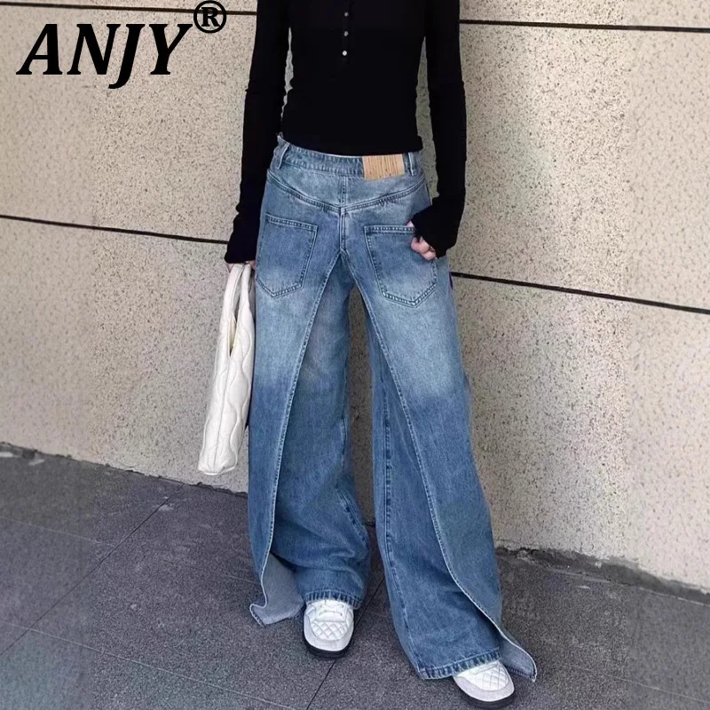 ANJY Autumn Winter New Women American Temperament Ins Reversible Jeans Y2K High Street Trendy Casual Wide-Leg Denim Pants A14721