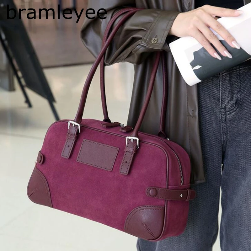 New Hit-color No Logo Design Long Handle Tote Coffee Color Genuine Suede Cow Leather Women Handbag Useful Winter Shoulder Bag