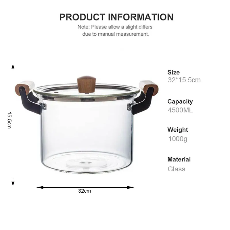 YMEEI Transparent Glass Pot Heat Resistant Soup Pot Household Kitchen Vegetable Salad Instant Noodle Bowl Kitchen Cookware Pot