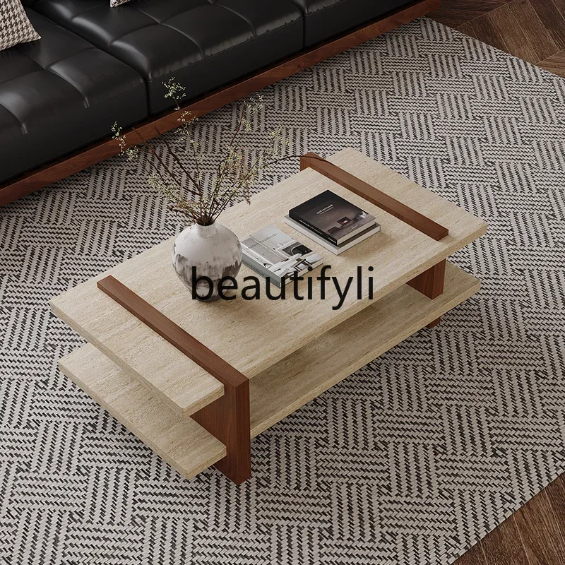 

Wabi-Sabi Style Retro Natural Solid Wood Travertine Coffee Table for Living Room Minimalist Low Table
