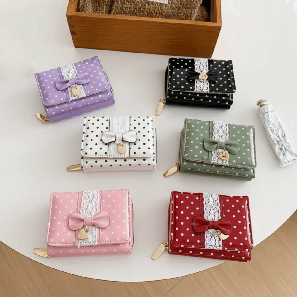 New PU Wallet Tri-Fold Wallet PU Polka Dot Pattern Coin Purse Bow Decoration Tri-Fold Structure Money Purse for Women