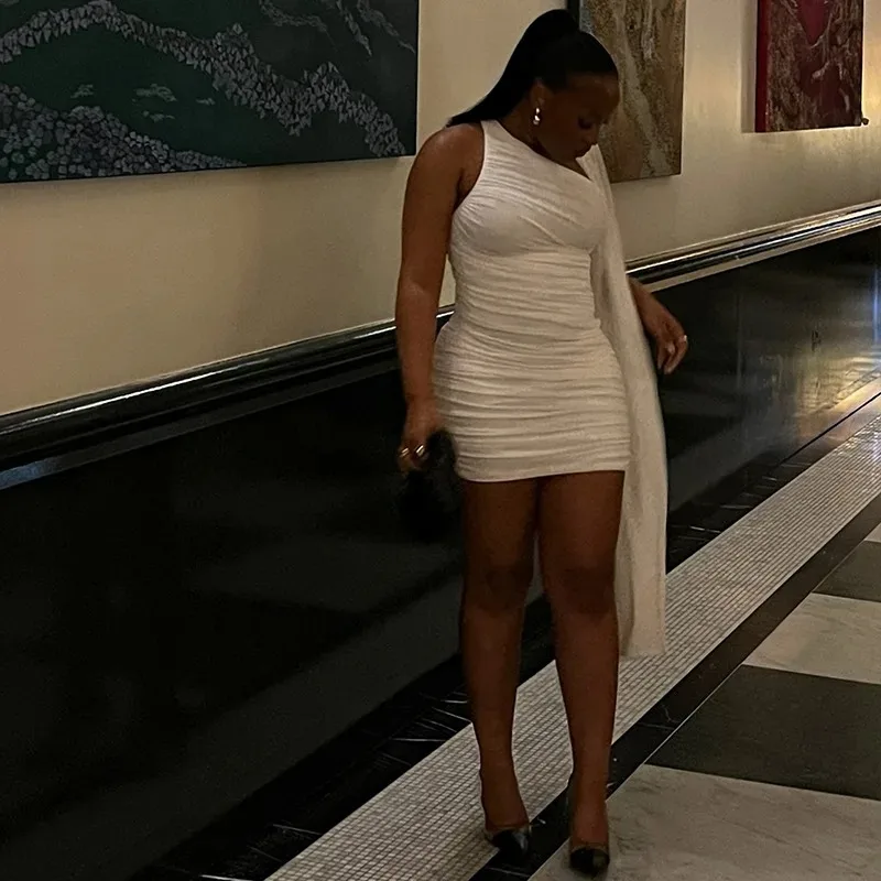 White One Shoulder Mini Dress Women Sexy Ruched Mesh Long Sash Draped Sleeveless Bodycon Dress Night Club Party Outfits