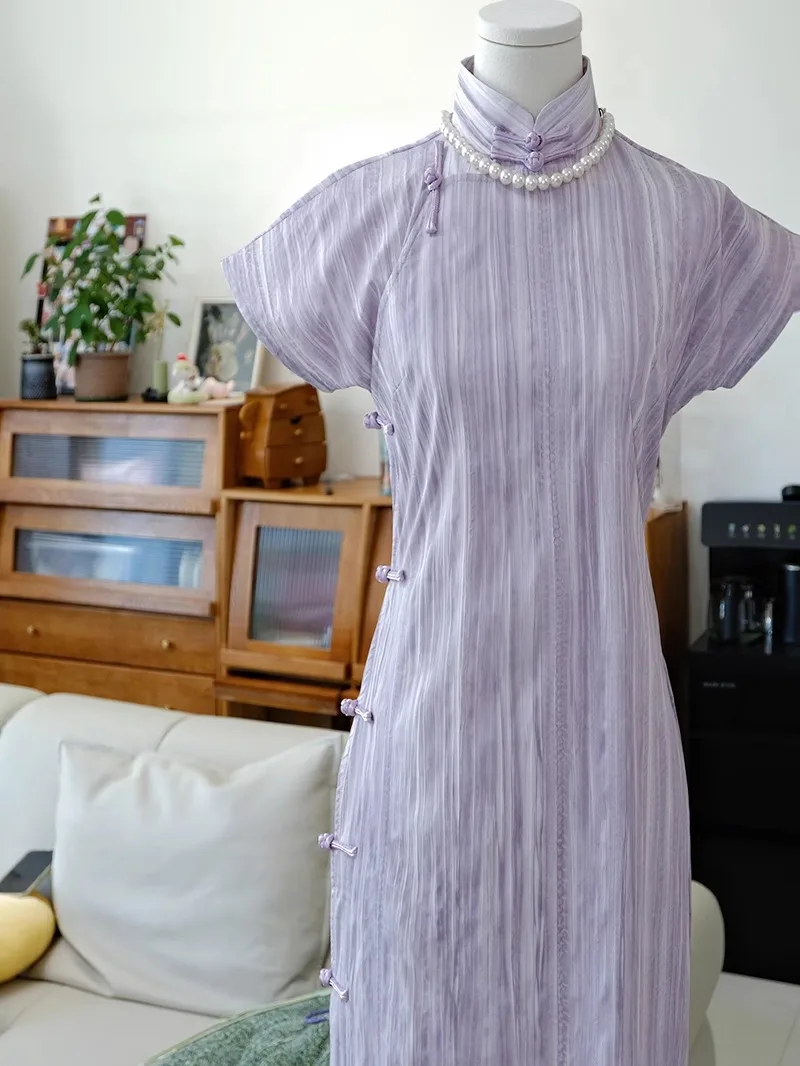 

Молодежное художественное фиолетовое длинное ципао: дышащее, комфортное, для весны и лета, повседневное, винтажное, с круглым вырезом, коротким рукавом