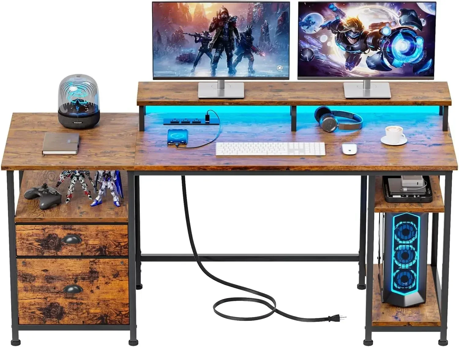 Computer Desk with Power Outlet and LED Lights, Desk with Fabric File Cabinet Drawer, Large Reversible Gaming Desk