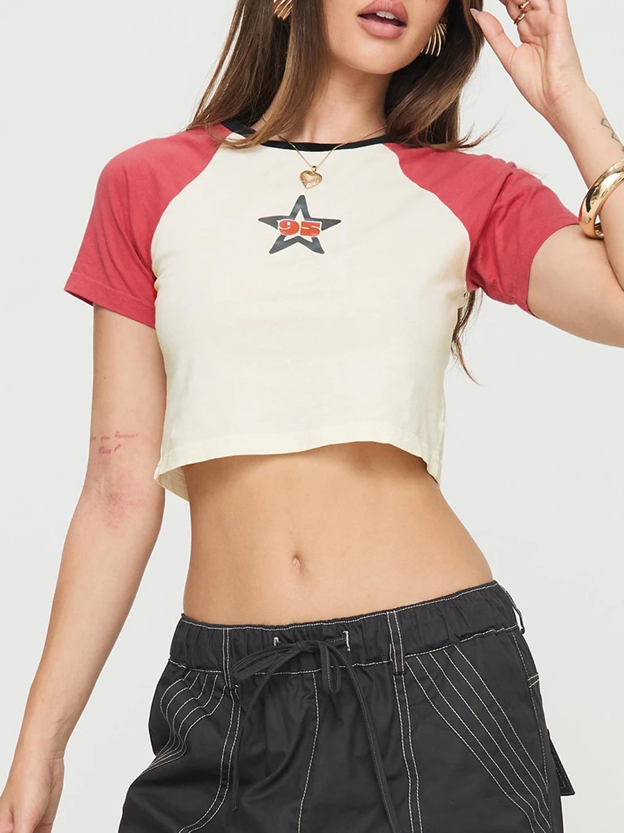 Camisetas con estampado de estrellas de los años 2000 para mujer, Top corto de manga corta con cuello redondo, camiseta de Color de contraste, ropa de calle bonita