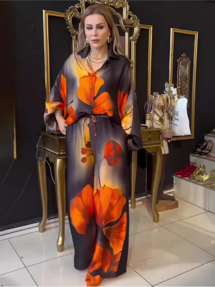 

Lady Commute Two Piece Set 2025 Autumn Printed Office Set Women Fashion Button Long Sleeve Blouse Shirt Tops Wide Leg Pant Sets