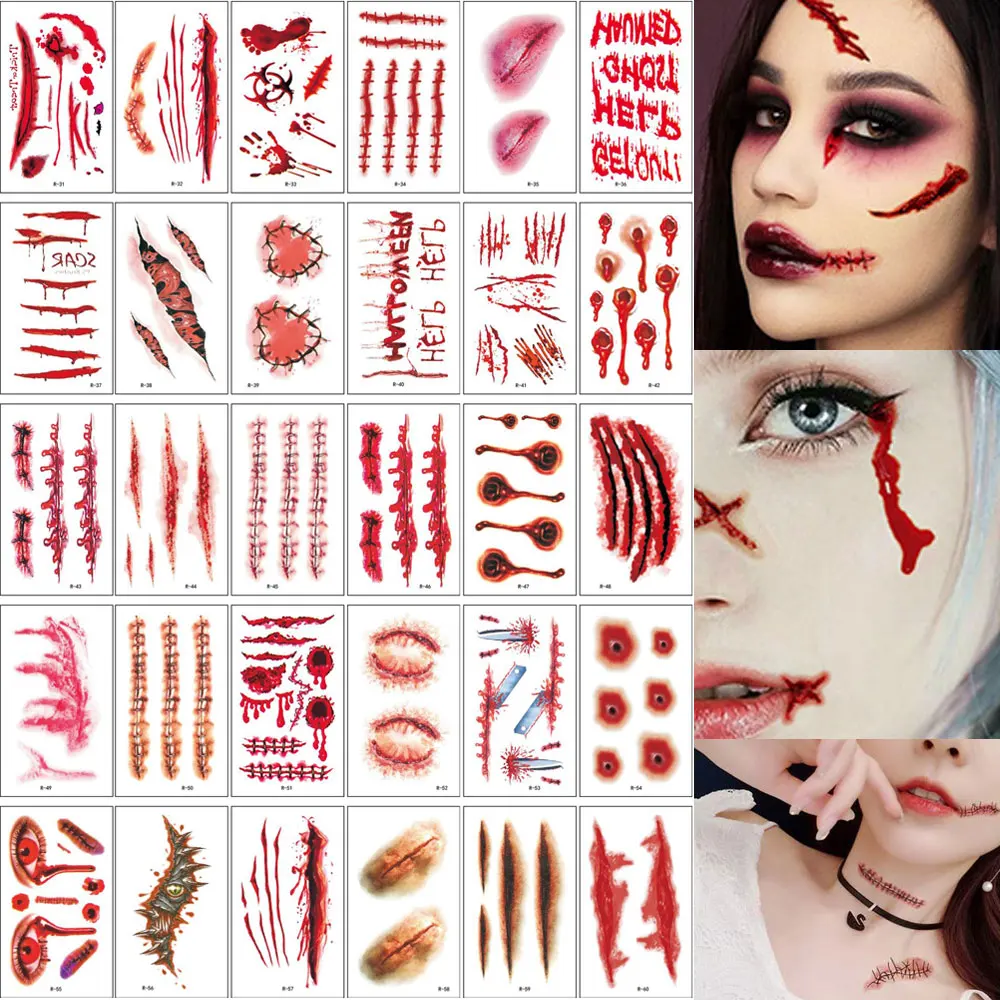 30pcs Disposable Halloween Tattoo Stickers Bleeding Wound Scar Temporary  Tattoos for Men Women Face Makeup Fake Tattoo For Hall