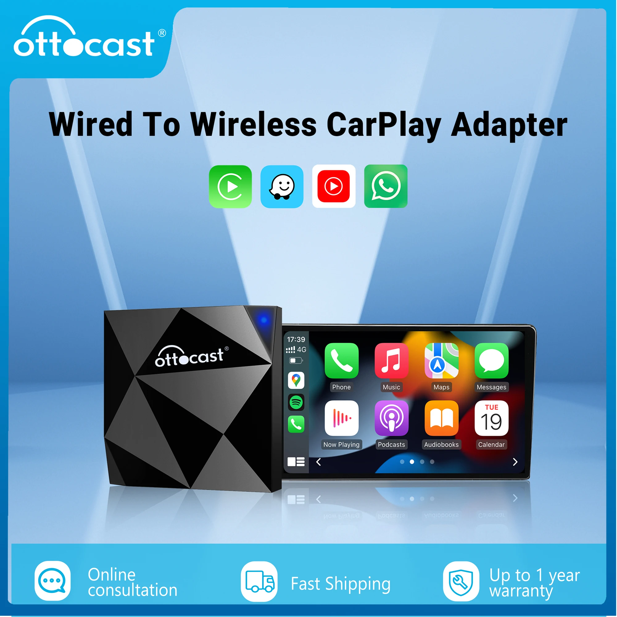 OTTOCAST Audi Proshe Benz VW Volvo Toyota용 에어 무선 카플레이 어댑터, USB 동글, OEM 멀티미디어 플레이어, U2