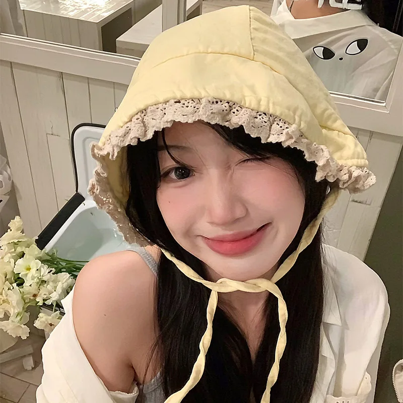 Y2K اليابانية الرجعية الدانتيل حافة لولي القبعات للنساء الصيف السفر صور شاطئ البحر عطلة تنوعا واقية من الشمس الحلو حزام قبعة الشمس