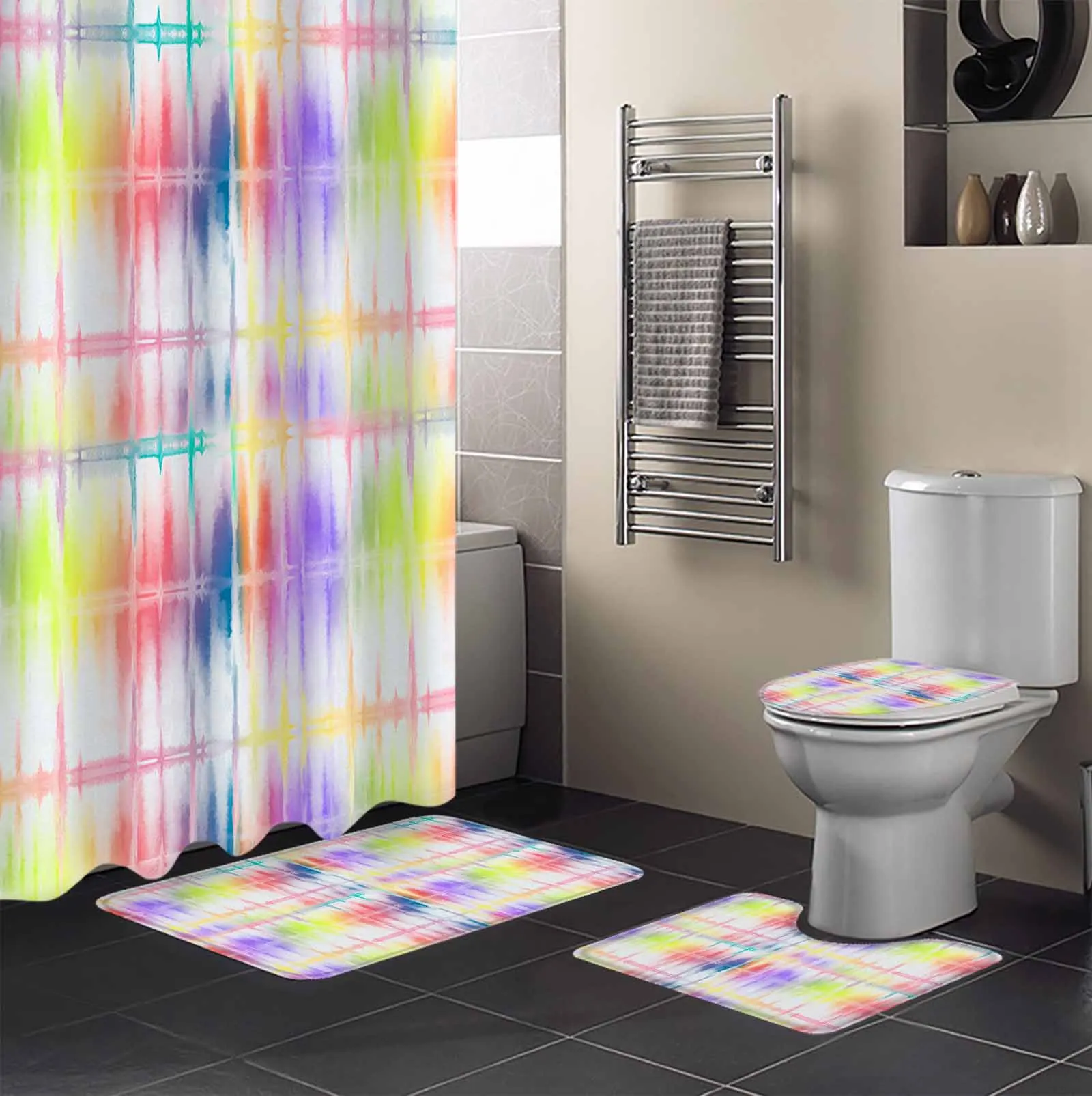 Rainbow Watercolor Gradient Shower Curtain Set Non-Slip Rugs Bath Mat Toilet Lid Cover Waterproof Bathroom Curtain