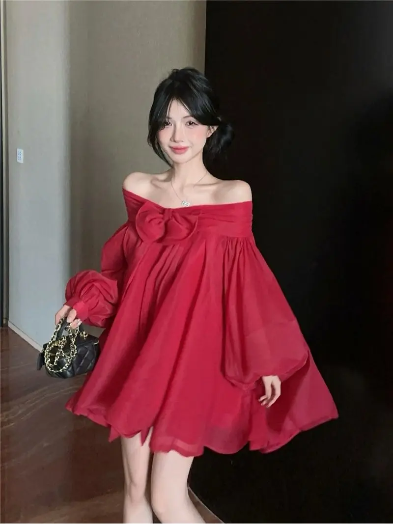 Gagaok Sweet Red Blouses Women Temperament Bow Off Shoulder Blusas Double Layered Lantern Sleeves Long Sleeved Chiffon Shirt