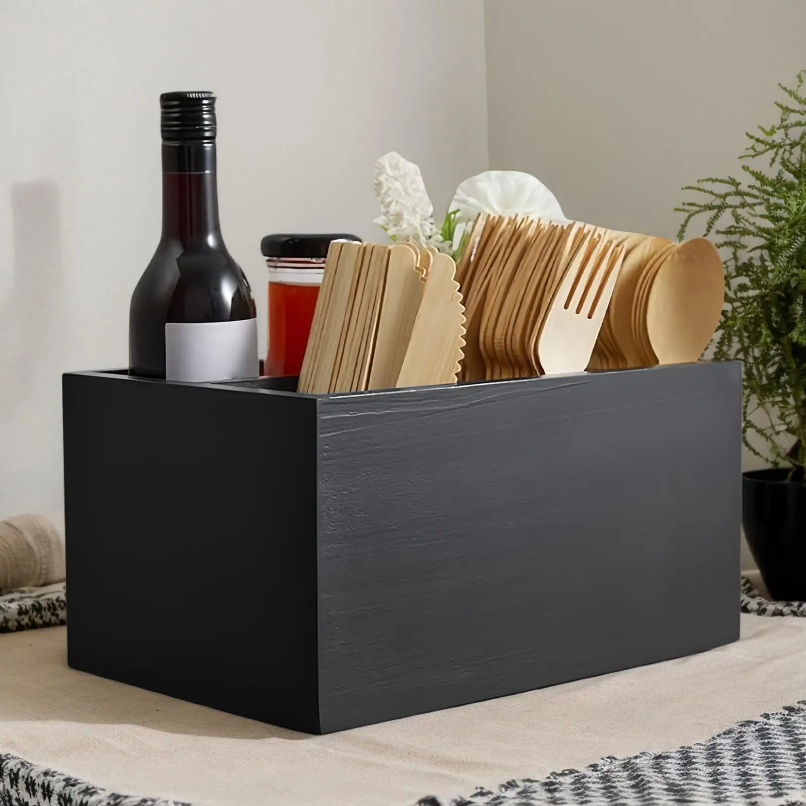

Wooden Utensil Holder, Picnic Cutlery Holder, Black Silverware Holder, Plastic Silverware Caddy for Party, Countertop, Camping