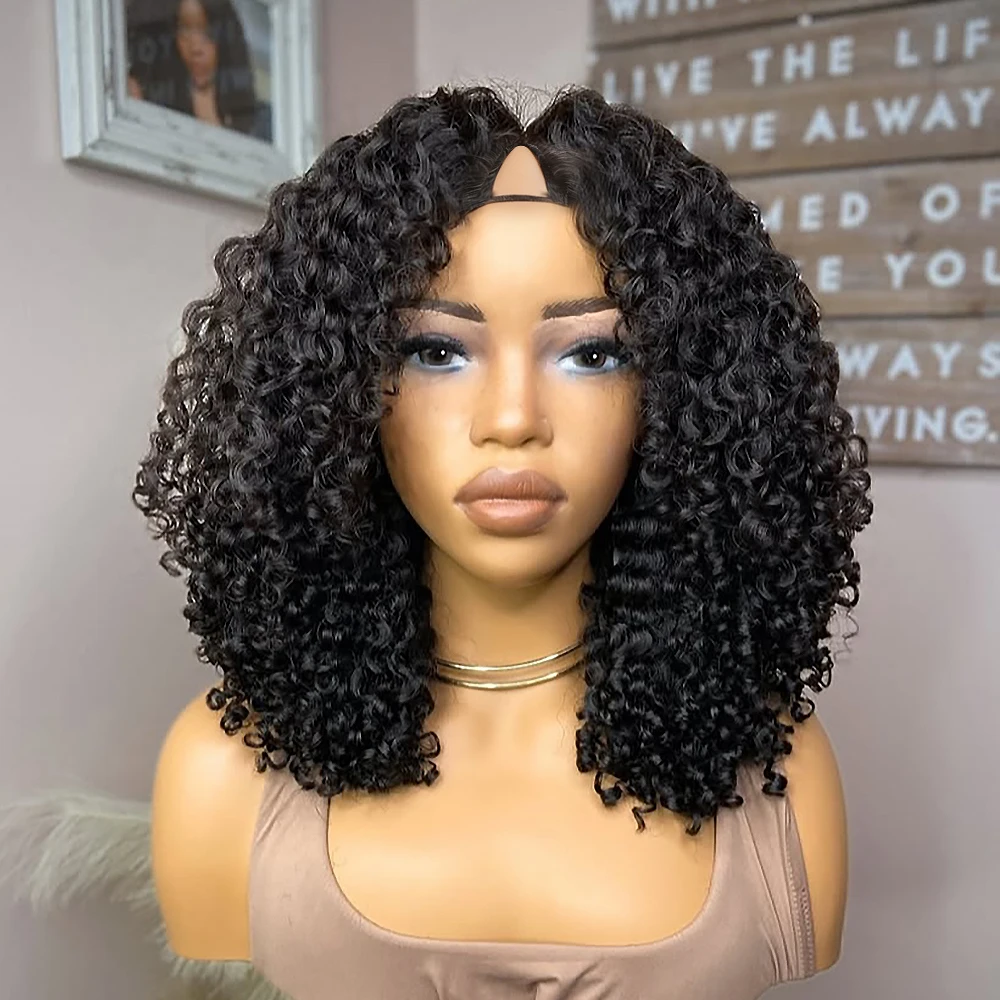 Kinky Curly V Part Wig Human Hair No Leave Out No Glue Brazilian Deep Curly Wave V Part Human Hair Wig for Women 250% Density