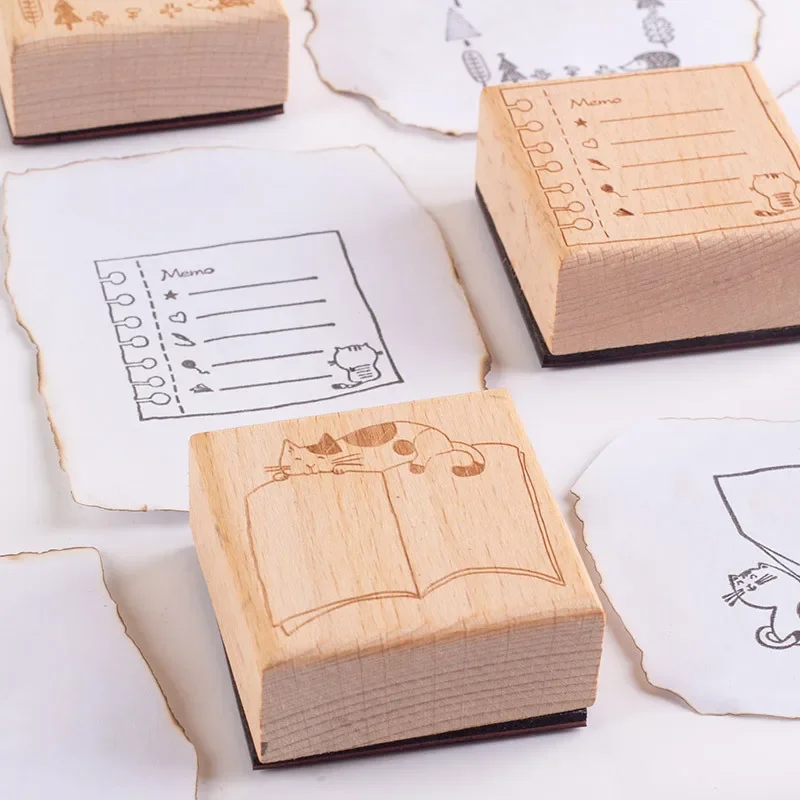 1Pc Vintage Message Frame Series Decoration Wooden Rubber Stamps for Scrapbooking Stationery Diy Craft Cute Cat Standard Seal