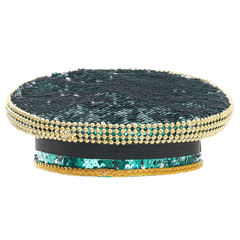 Chapeau de Capitaine Vert en Strass à Paillettes pour Femme, Accessoire de Luxe, pour Festival, Bar, Discothèque, brev, Costume d'Halloween, Steampunk