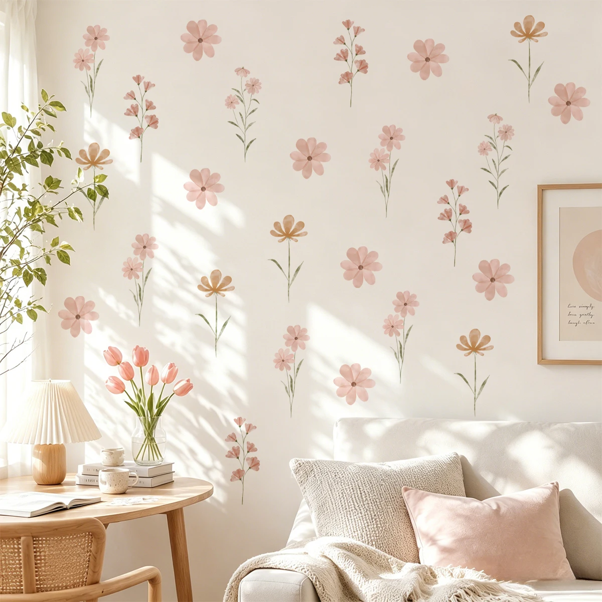 6PCS Boho Watercolor Wildflowers Wall Decal Set,Removable Pastel Flower Wall Art for Nursery Bedroom Living Room Home Decor