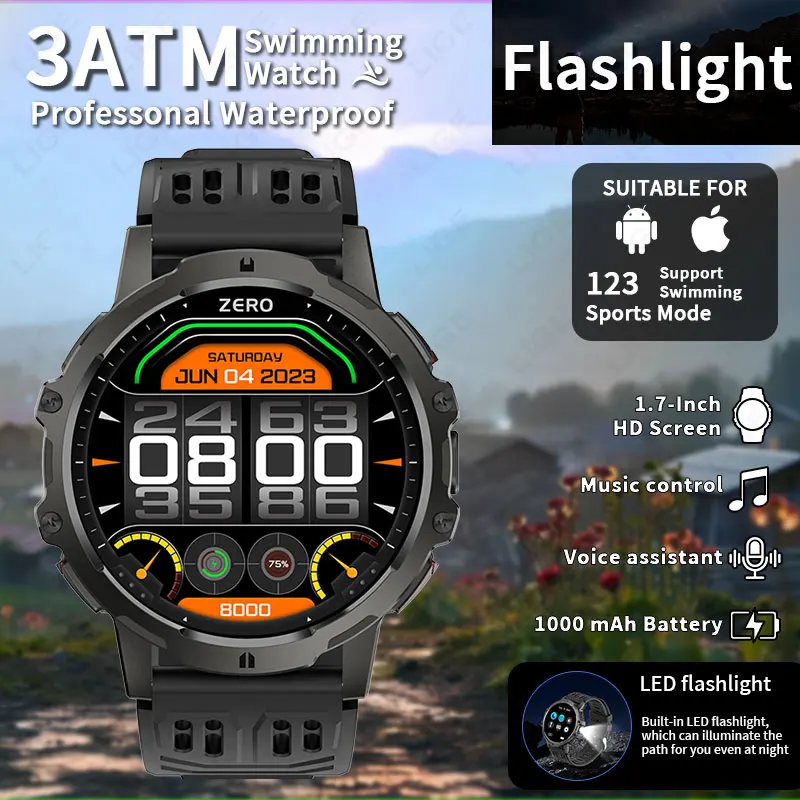 

LIGE Outdoor Sports Watches 3ATM Waterproof 1000mah Battery Smart Watch Men Flashlight Bluetooth Call Smartwatch For Android IOS