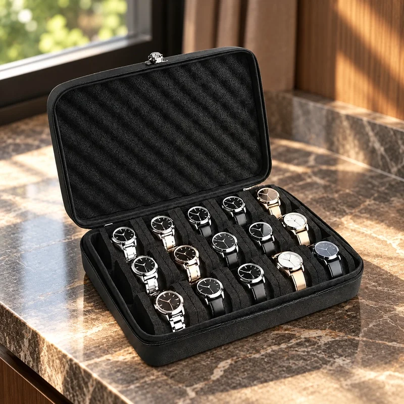 Compact Watch Storage Box with 15 Compartments, Durable and Pressure-Resistant for Travel and Home