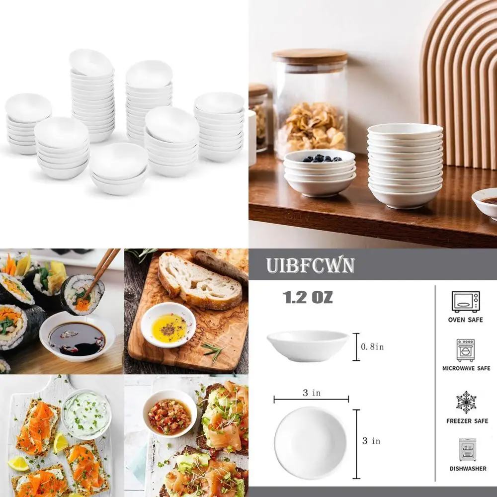 

Массовая упаковка, 60 шт., 3-дюймовая керамическая посуда для соевого соуса, белые маленькие миски для макания на 1,2 унции для соусов и приправ