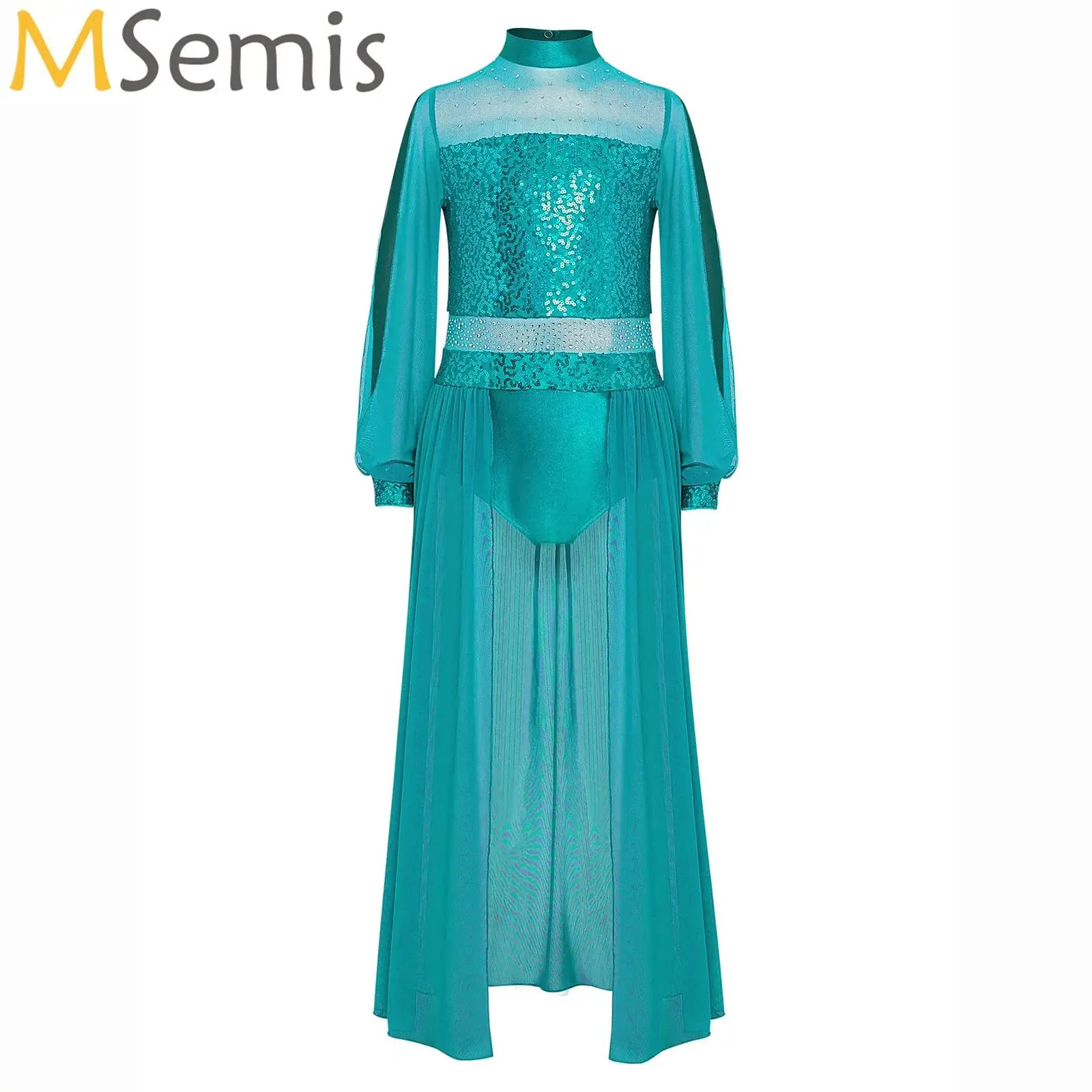 

Kids Girls Lyrical Dance Dress Ballet Gymnastics Maxi Skirted Leotard Sequins Figure Skating Modern Contemporary Dance Costume