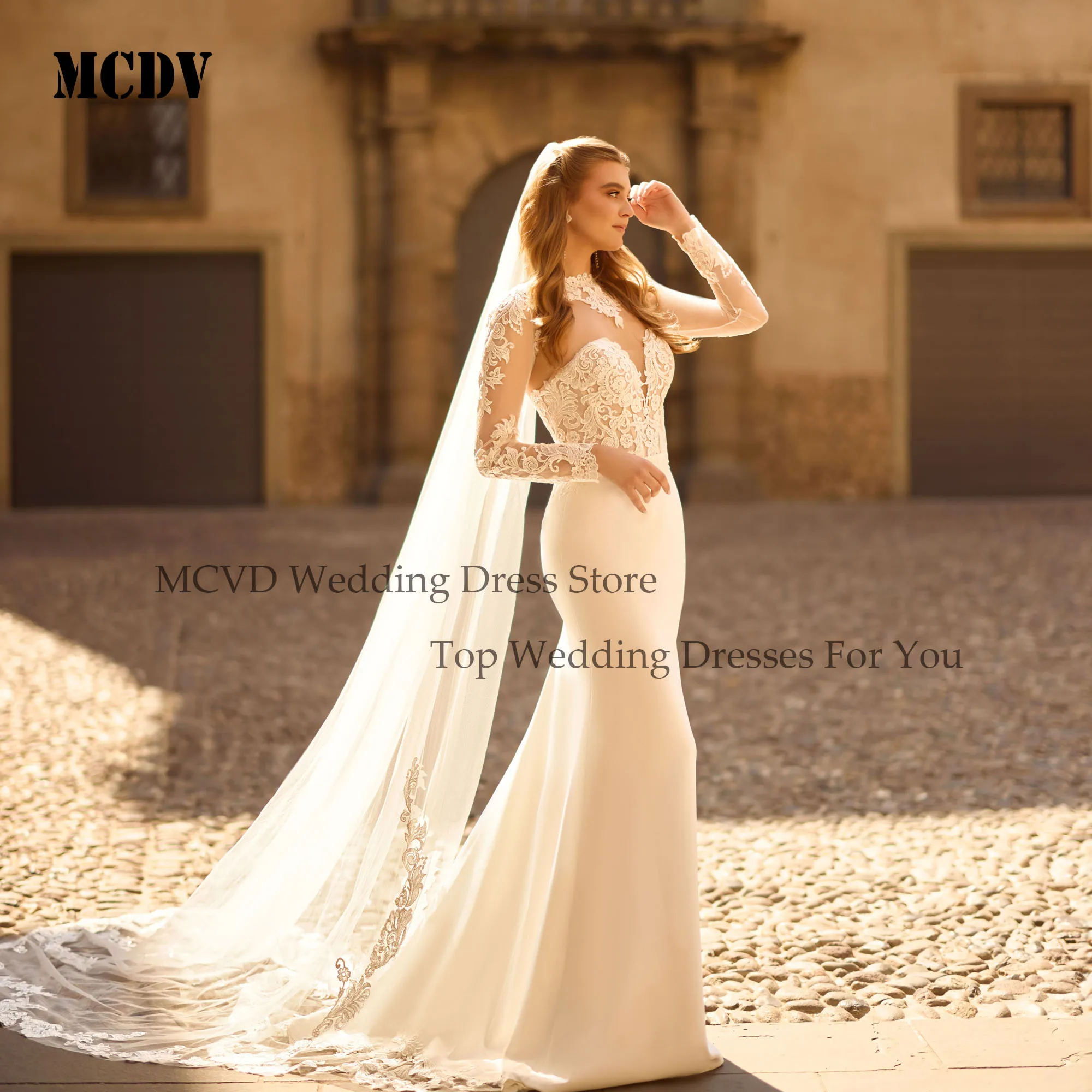 

MCDV Luxury Mermaid Lace Wedding Gowns Applique O-Neck Full Sleeve Bride Dresses For Women Satin Robe De Mariée 2025 Customized