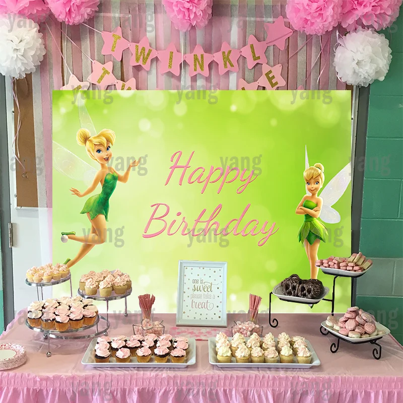 Disney Peter Pan Tinker Bell Miss Elastic Background Birthday Party Decoration Yellow Green Bubble Photography Backdrop Wall