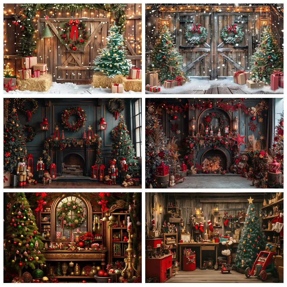 

Merry Christmas Photography Backdrop Barn Wood Door Xmas Tree Gift Fireplace Window Family Baby Portrait Background Photo Studio