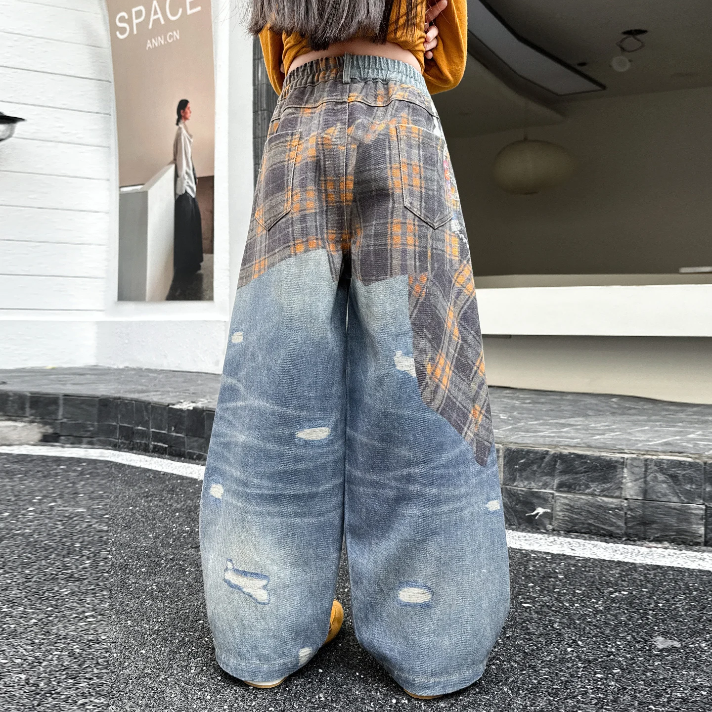 2026 American High Street Retro Design Patch Splicing Printed Jeans Boy's and Girl's Loose Straight Wide-leg Trousers Ages 4-4Y