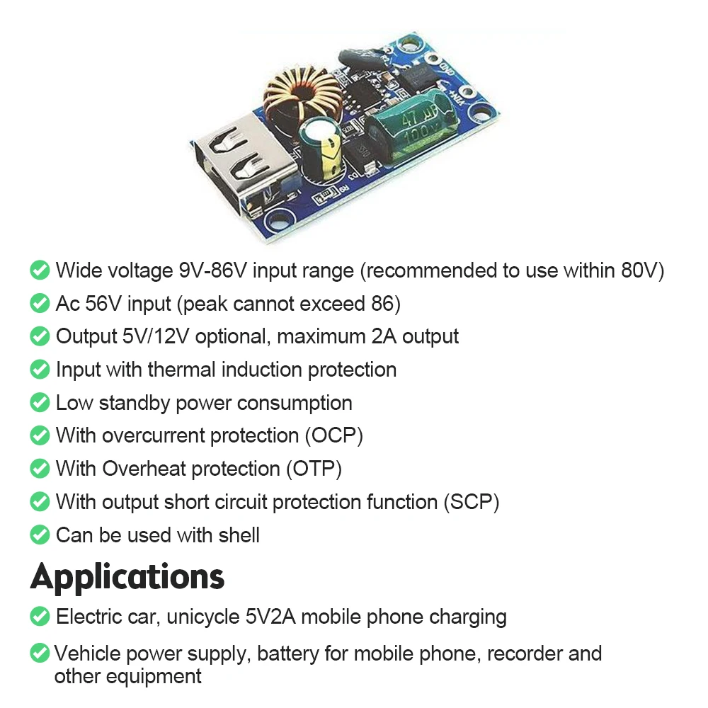 وحدة لوحة شحن USB للسيارة ، شاحن مزود طاقة للهاتف المحمول ، محول تنحى باك ، 5 فولت ، 2A ، 12 فولت ، 24 فولت ، 48 فولت ، 60 فولت ، 72 فولت #5