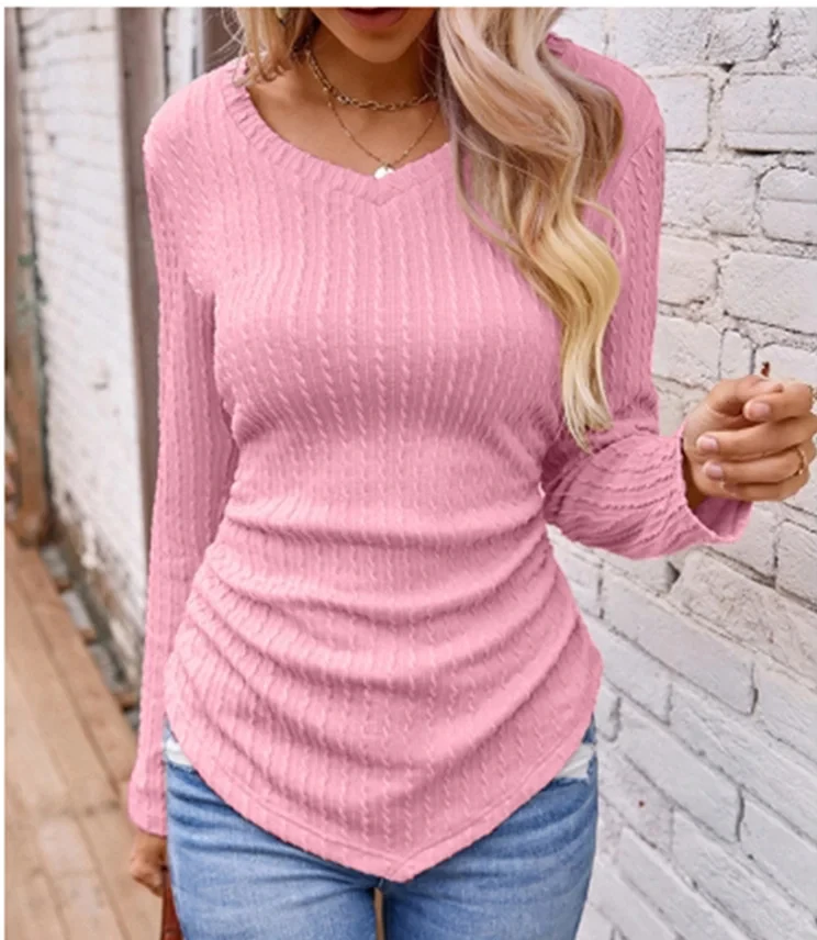 

V-Neck Solid Color Long Sleeve Knitted Top Women's Elegant Autumn Spring Pullover T-Shirt