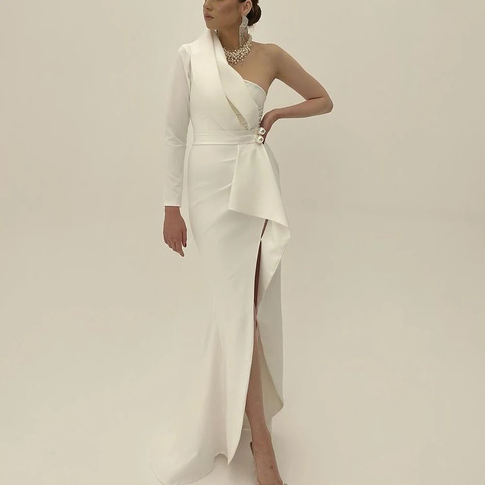 

Formal and Elegant Pearls One Shoulder Dubai Evening Caftan Dress Straight Floor Length Jersey Long Sleeves Solid Color Pleats