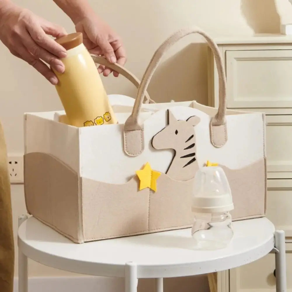 Felt Material Diaper Organizer Foldable Design Cartoon Print Nursery Storage Bin Non-Woven Fabric Portable Bag