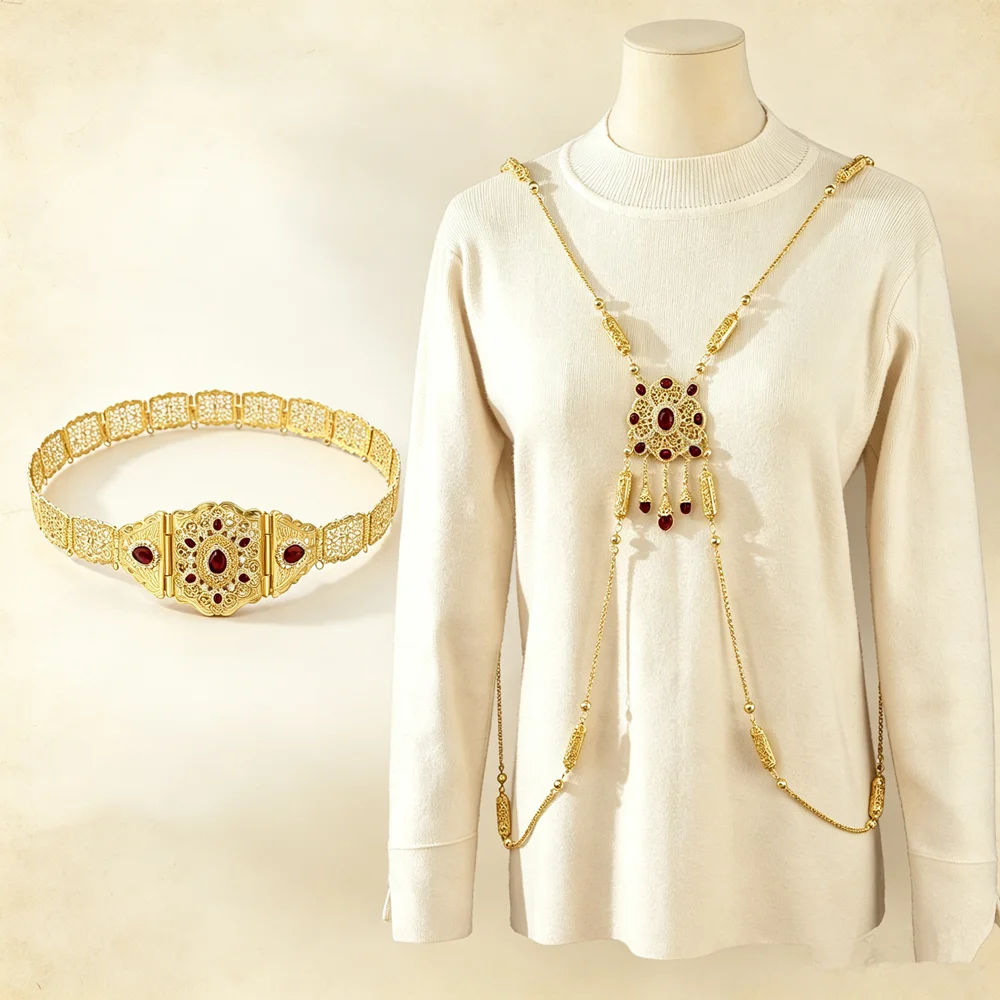 Golden Hollow Design Jade-Colored Handcrafted Bead Chain Paired With Dress
