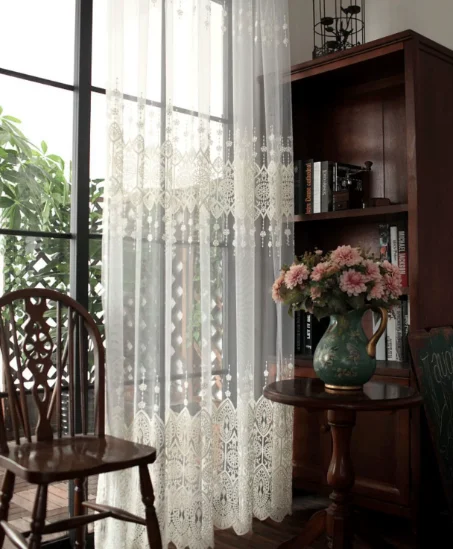Simple Retro Style Light Luxury White Embroidered Lace Curtains Living Room Bedroom Balcony Blackout Curtains