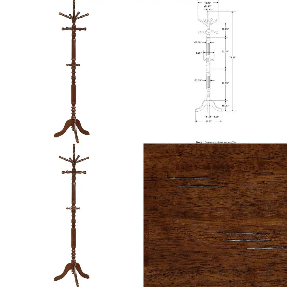 

11-Hook Freestanding Coat Rack Hat Hanger Wooden Hall Tree Clothing Stand Tobacco Brown