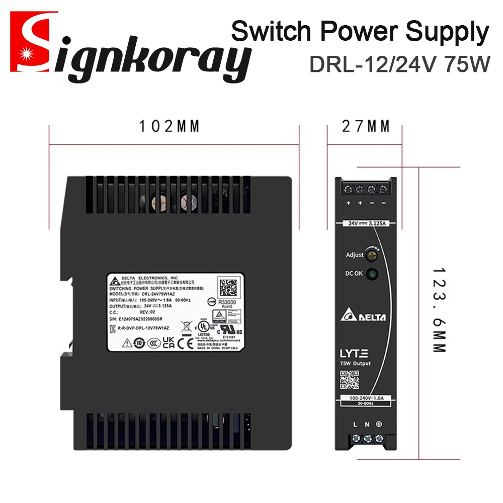 Imagem -03 - Signkoray-fonte de Alimentação de Comutação Original tipo Trilho Din Série Drl 12v 24v 75w Monofásico 5060hz
