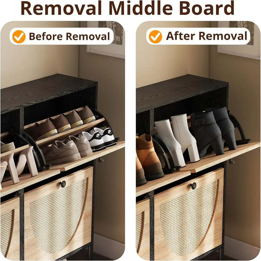 خزانة أحذية IRONCK Rattan مع 4 أدراج قابلة للطي، وخزانة تنظيم تخزين الأحذية قائمة بذاتها، وخزانة رف الأحذية الضيقة