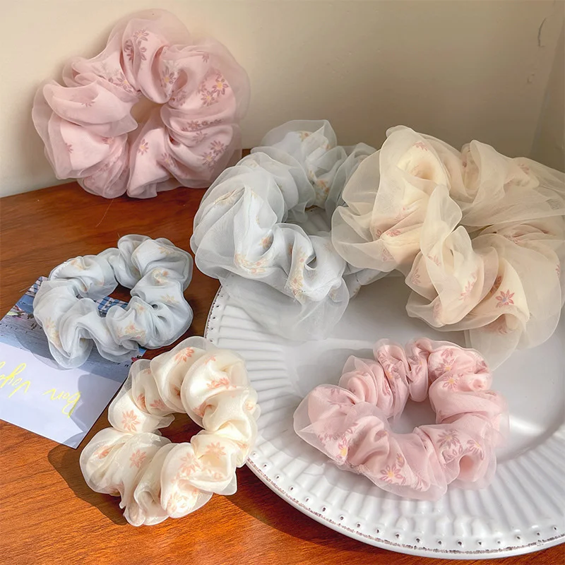 Dwuwarstwowa jedwabna Organza Scrunchies letnia wiosna duże gumka do włosów kwiat wydruku elastyczne gumki do włosów opaska do włosów dziewczyny