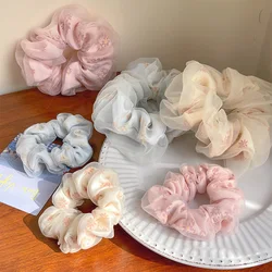 Dwuwarstwowa jedwabna Organza Scrunchies letnia wiosna duże gumka do włosów kwiat wydruku elastyczne gumki do włosów opaska do włosów dziewczyny akcesoria do włosów