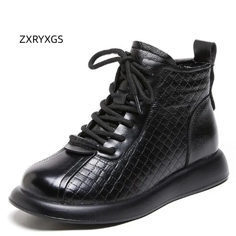 

ZXRYXGS 2023 Retro Style Lace-up Winter Genuine Leather Boots Women's Flat Boot Comfort Warm Snow Shoes Trend Boots Black Brown