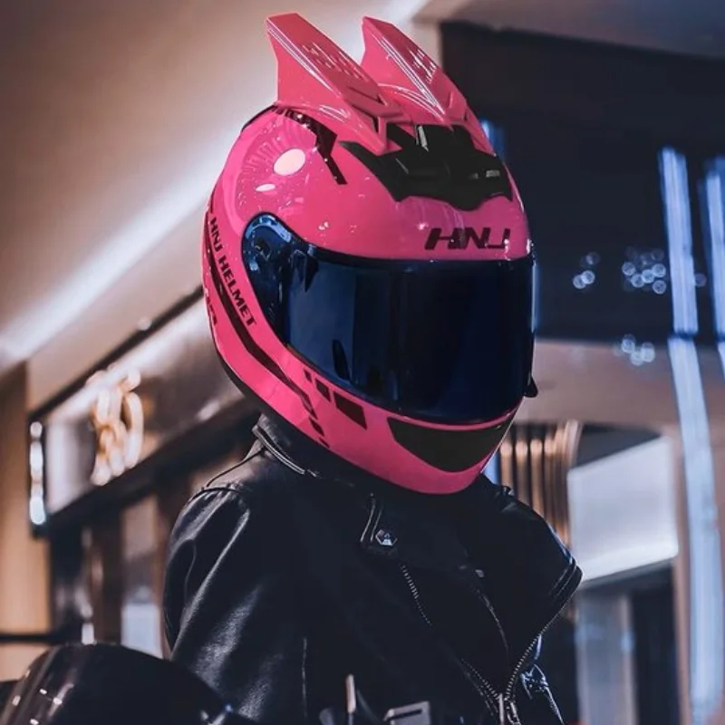 Casco completo de motocicleta para hombre y mujer, equipo de protección de seguridad para ciclismo, transpirable, con orejas de gato, Motocross, color rosa