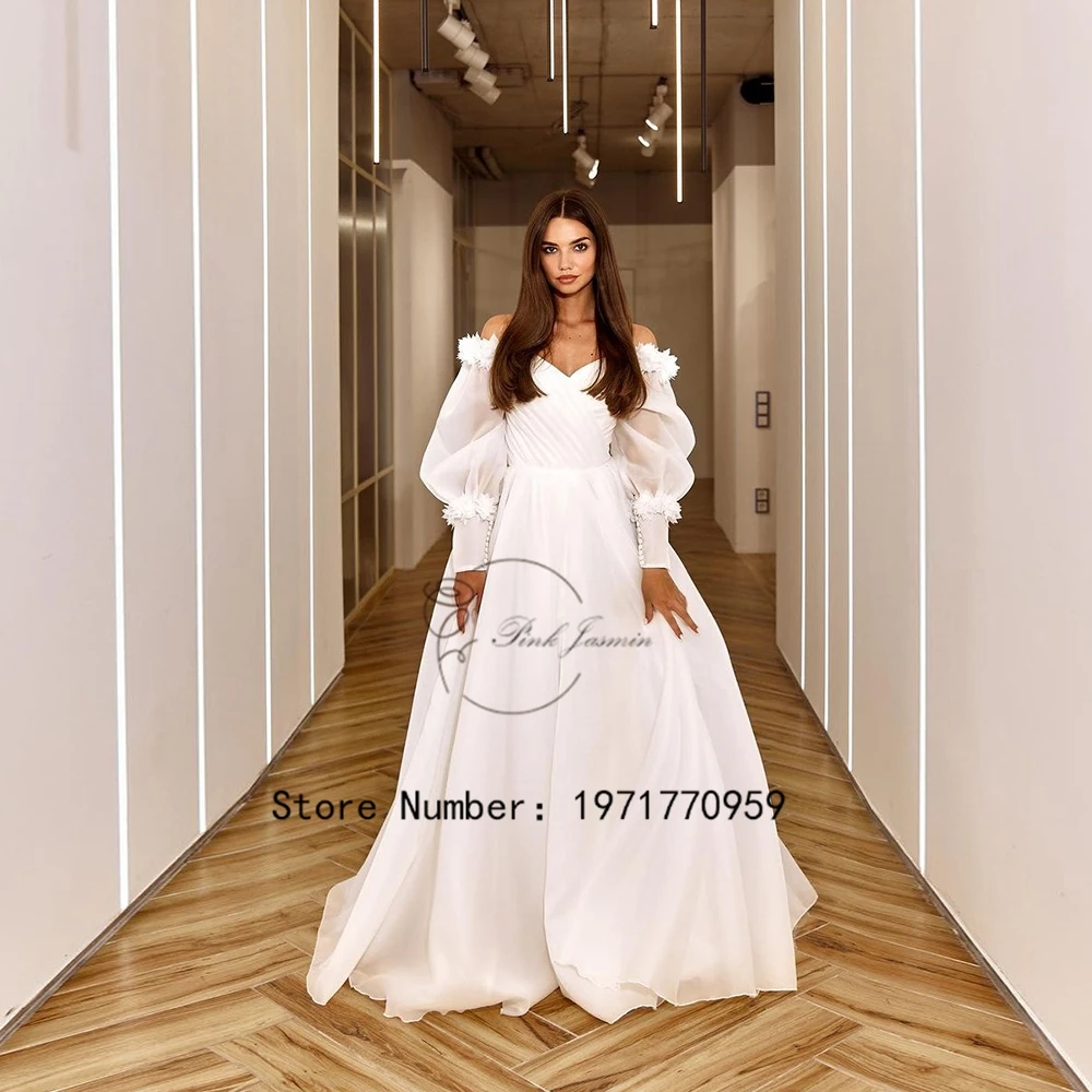 Vestidos de casamento com pescoço branco para mulheres, simples mangas 3/4, vestidos de noiva com renda com chiffon, apliques de querida, novo, 2024