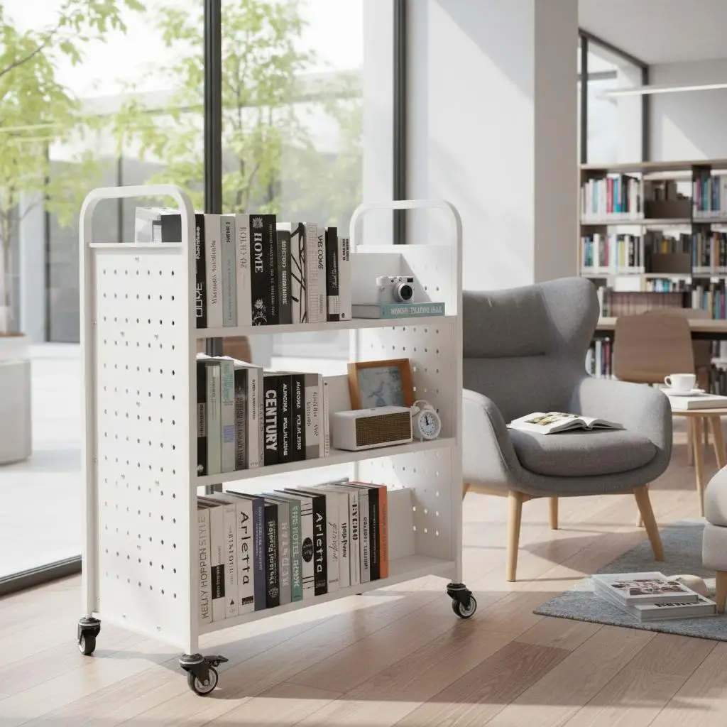 Chariot à livres, capacité de charge 150 kg, chariot de bibliothèque, 97x51,5x122,5 cm, étagère de rangement pour livres double face