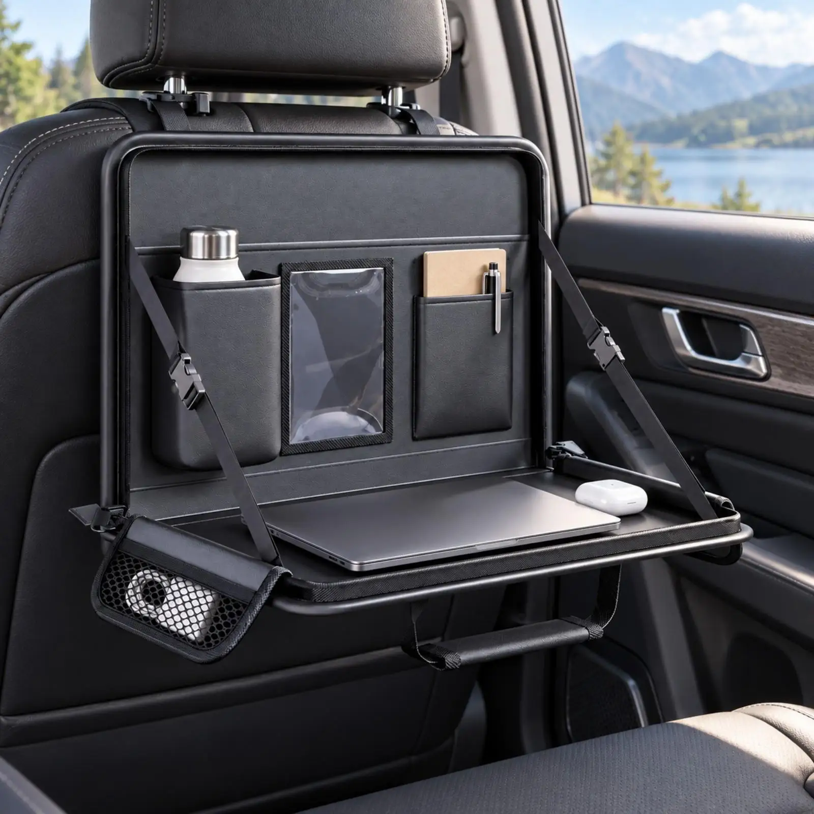 Folding Car Desk Board for Steering Wheel Leather Sponge Tray with Storage Pockets Phone Slot for Laptop Meal Break - view 5
