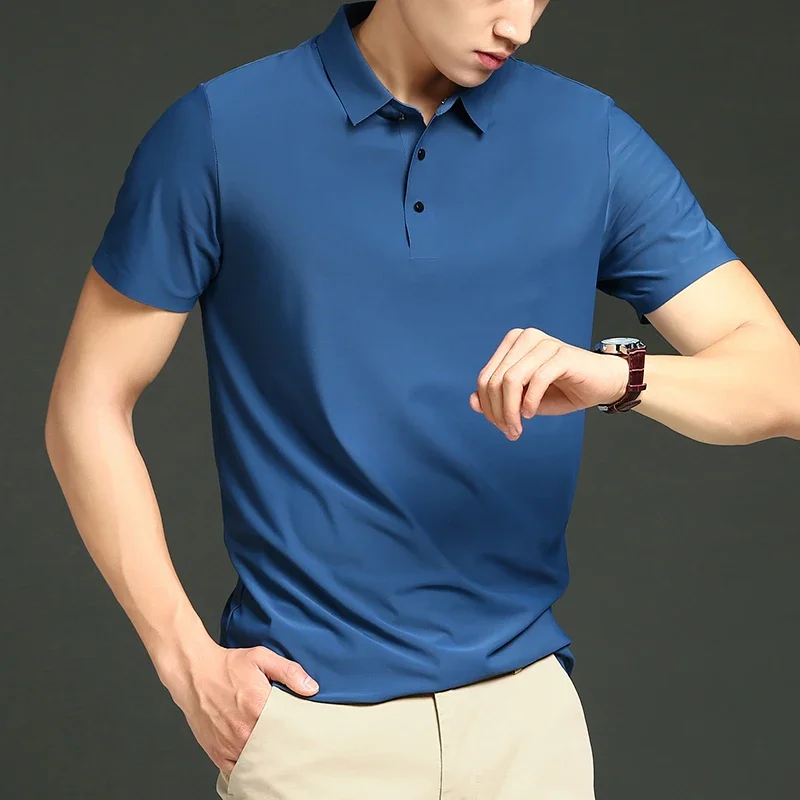 

Men's Solid Polo Shirt Short Sleeve Loose Fit Traceless Golf T-Shirt Elastic Ironless Thin Polo Neck Top Summer Breathable Polo