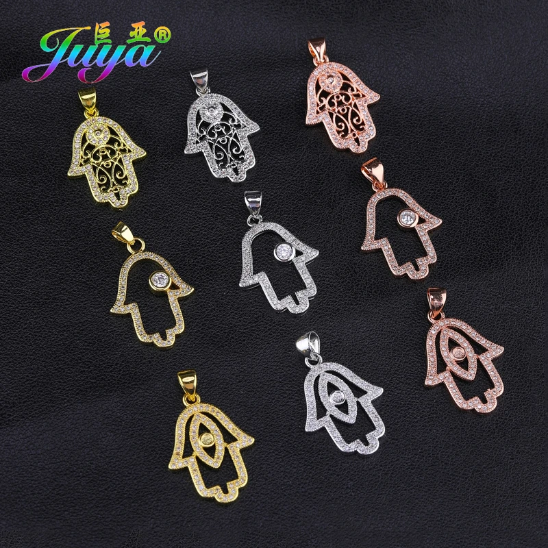 Juya DIY Turkish Jewelry Fittings 18K Plated Copper Hamsa Hand Fatima Pendant For Women Charm Bracelet Necklace Earring Making