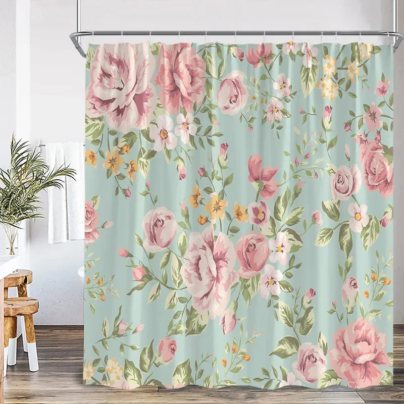 

Розовая роза, цветочные занавески для душа, деревенские цветы, зеленые листья, современная ткань, домашняя декоративная занавеска для ванной комнаты с крючками